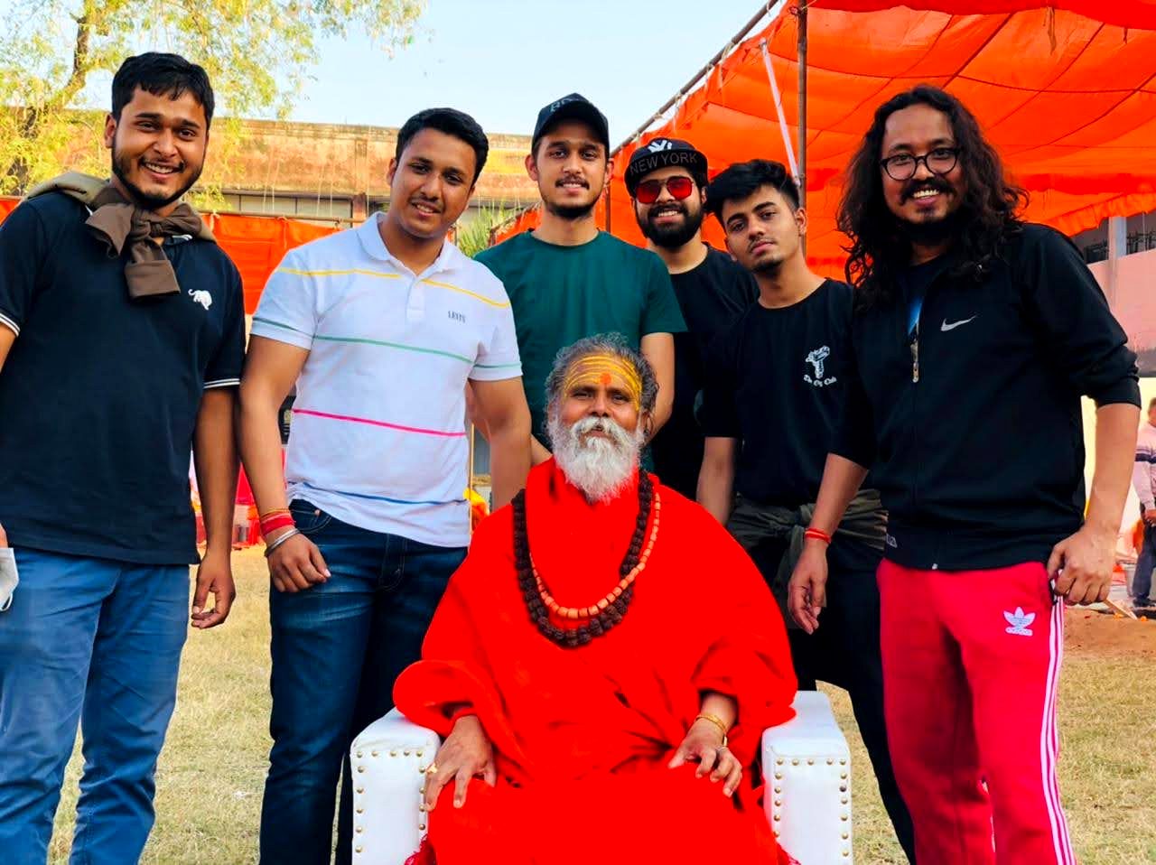 Tanuj Bhatt with the Content Mafia team and a sadhu at Maha Kumbh 2025