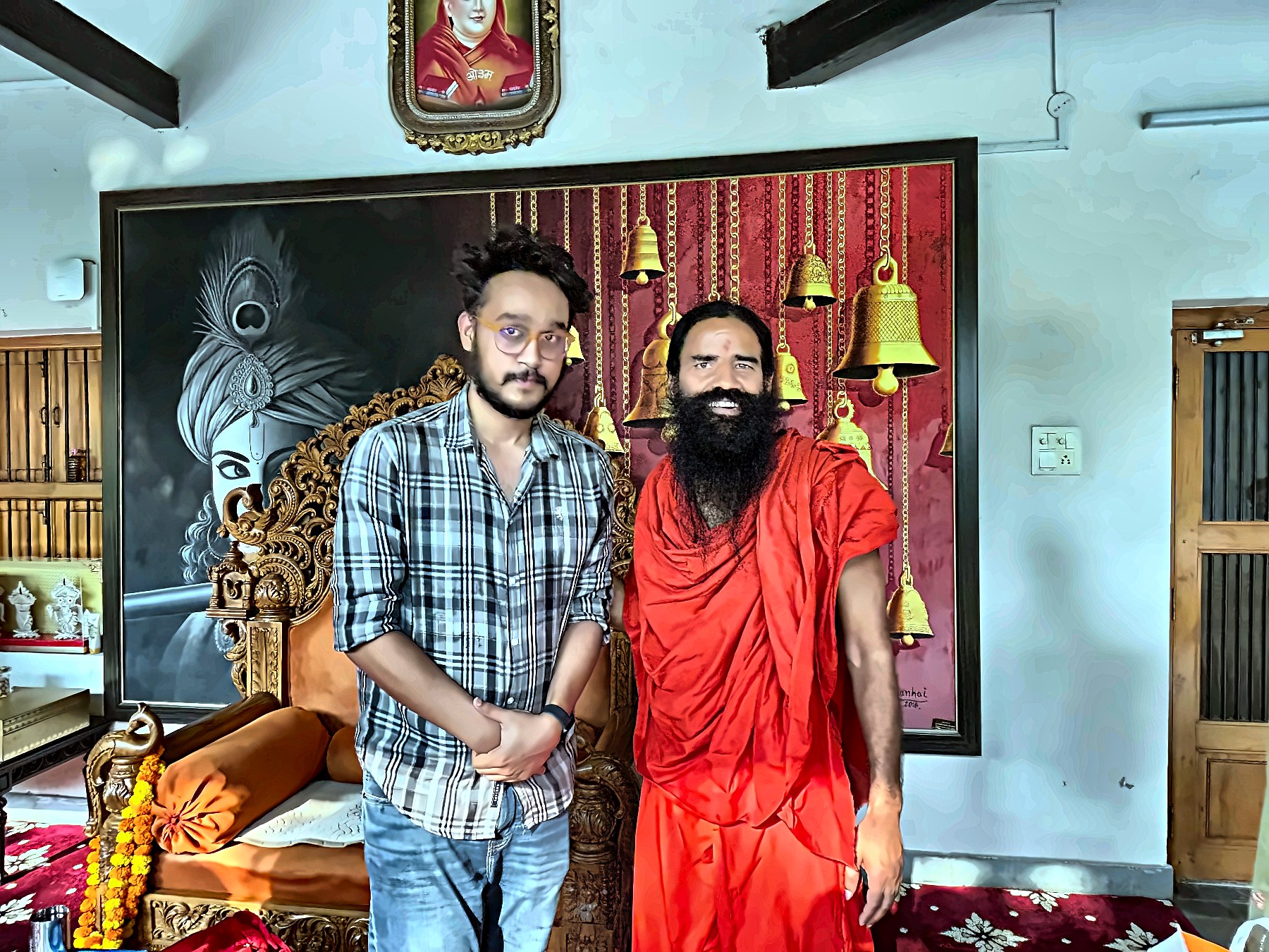 Tanuj Bhatt with spiritual leader during a dharmik podcast production for ISKCON Bangalore and Sri Mandir